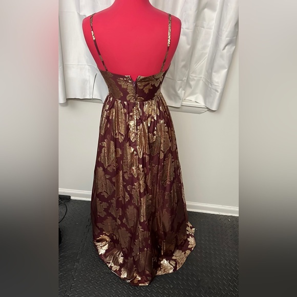 NWT Prom/Formal Maroon and Gold Floral Floor Length Gown - Picture 2 of 10